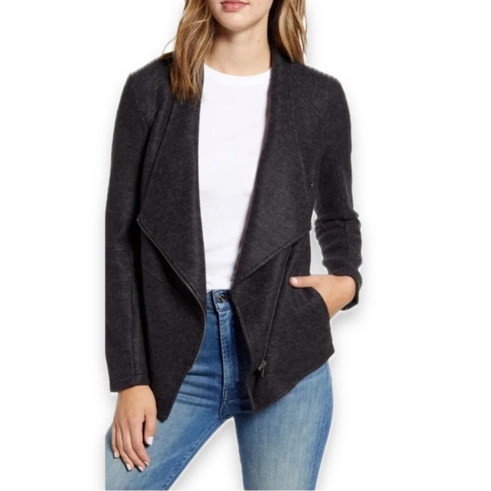 BB DAKOTA Dark Grey Asymmetrical Zip Fleece Moto Jacket Size Medium